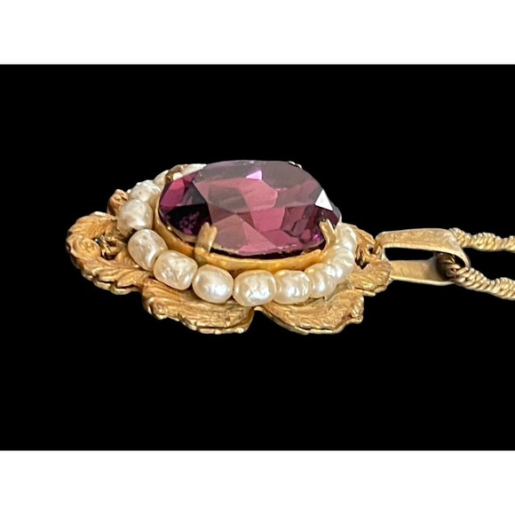 Rare Antique Signed Miriam Haskell Necklace Estate Amethyst Pearl Pendant Chain - Picture 7 of 16